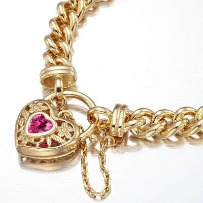 18ct Heavy Yellow Gold Plated Euro Chain Bracelet with a Pink Filigree Locket - USA Made-1
